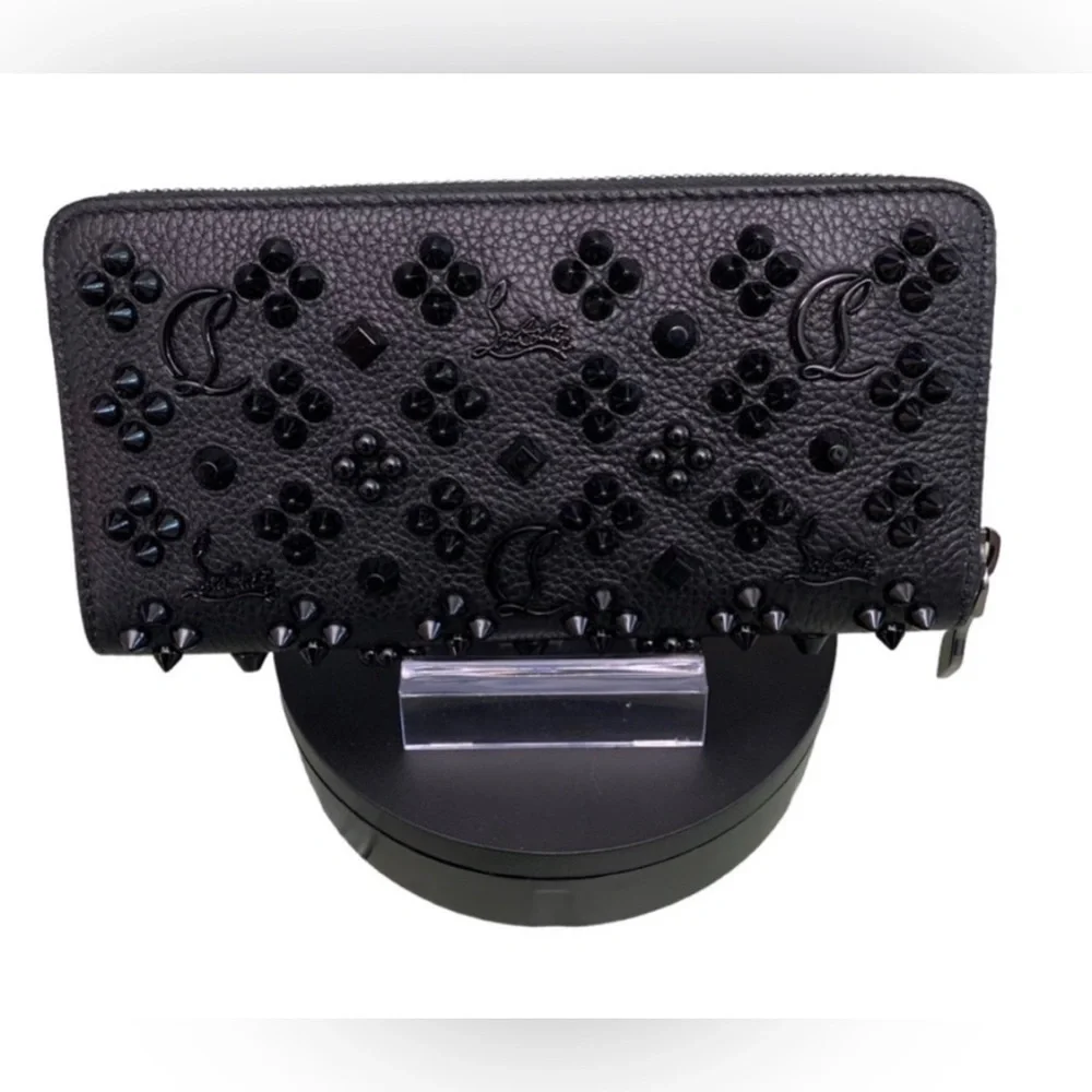 Like New Used Twice Christian Louboutin Black Studded Zip Wallet with Red Accent